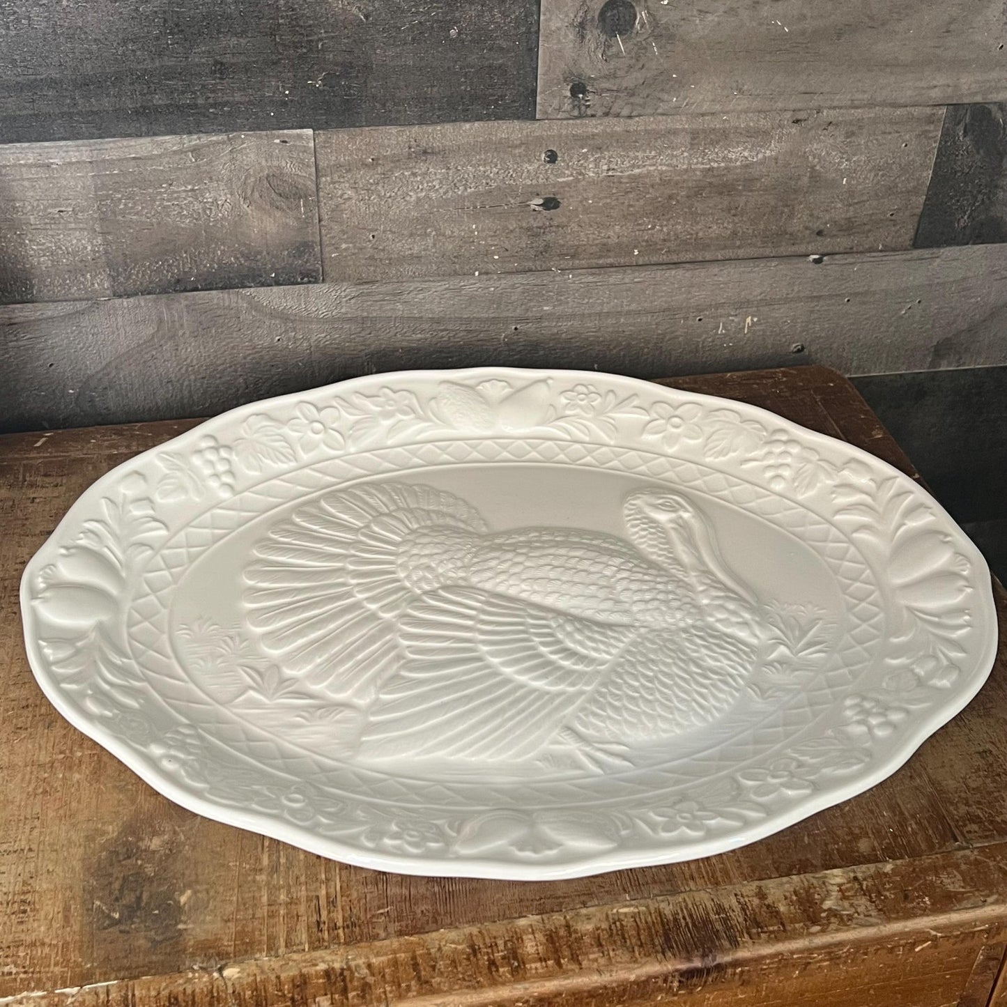Vintage White Thanksgiving Oval Serving Tray Platter with Turkey Motif