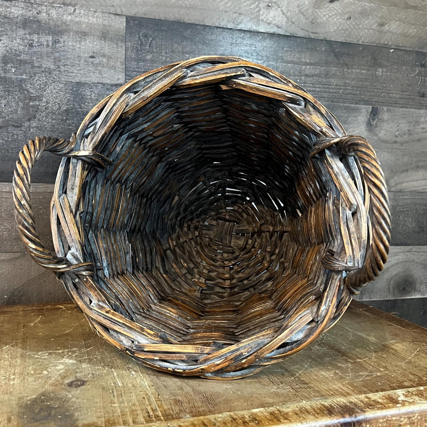 Brown Woven Wicker Round Handled Basket