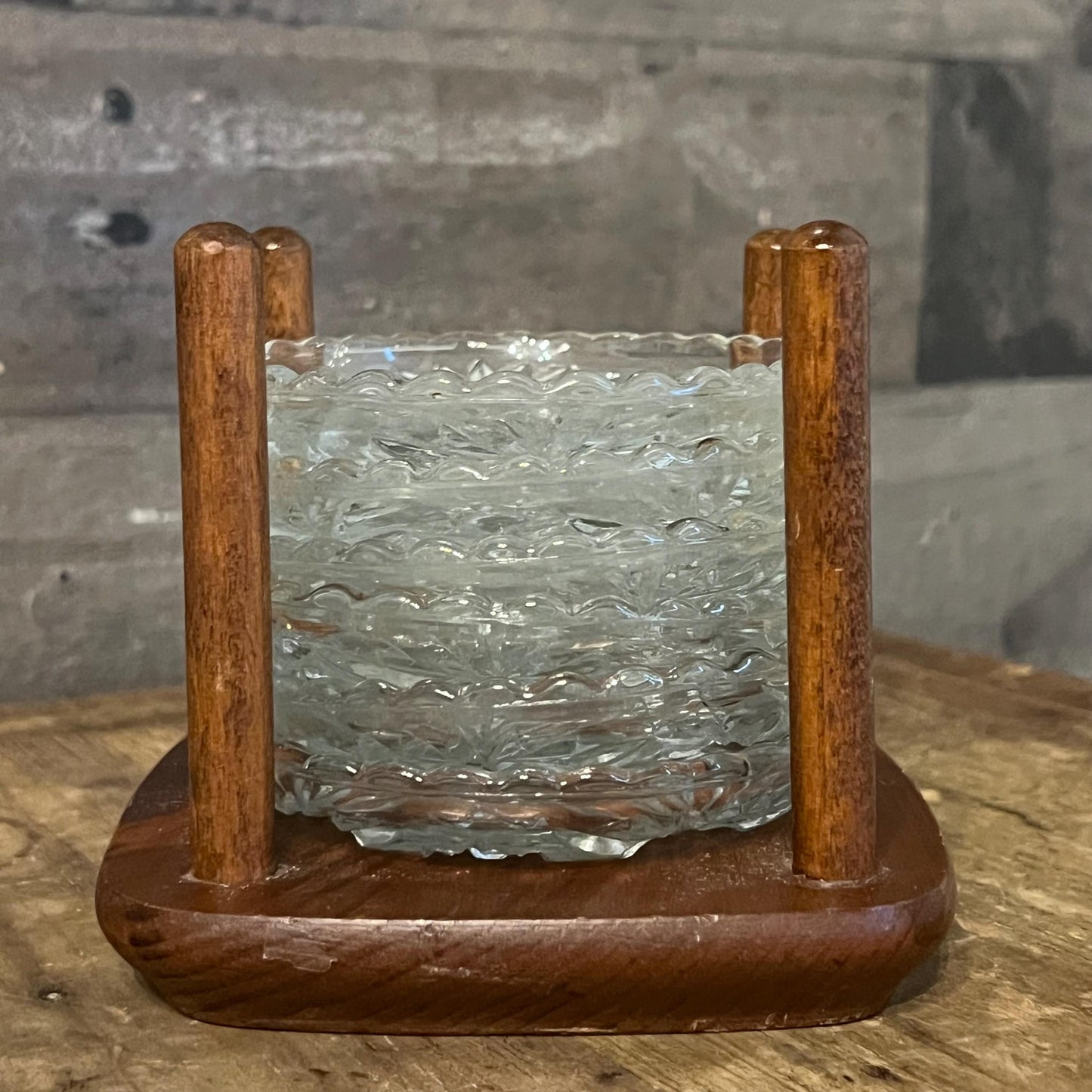 Vintage Set of 6 Crystal Coasters with Wooden Holder