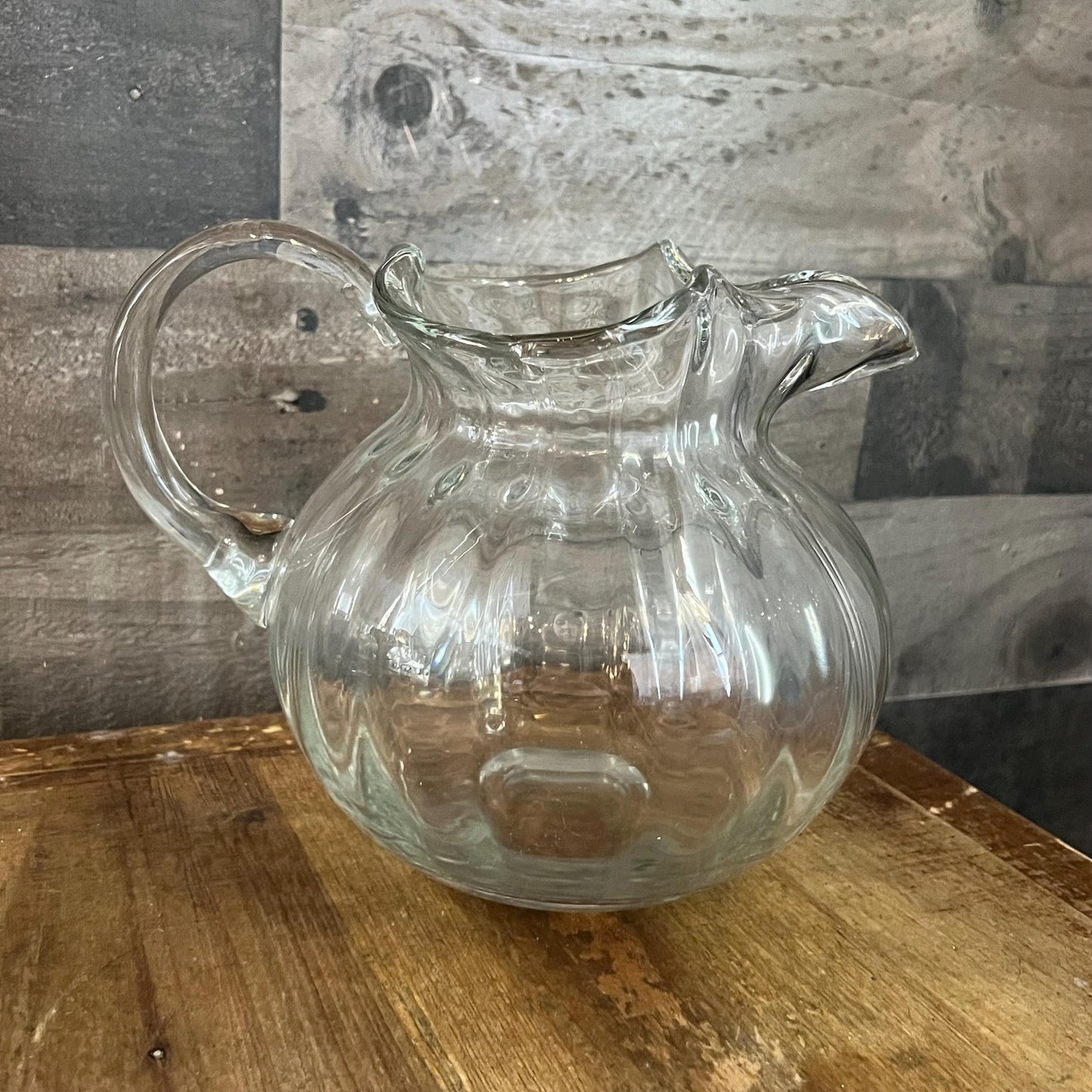 Clear Glass Ribbed Bubble Handled Pitcher
