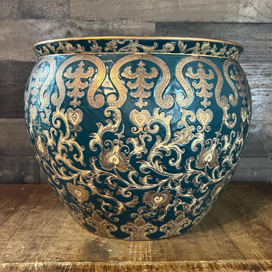 Large Chinese Turquoise and Gold Tone Enameled Porcelain Koi Fish Bowl Planter