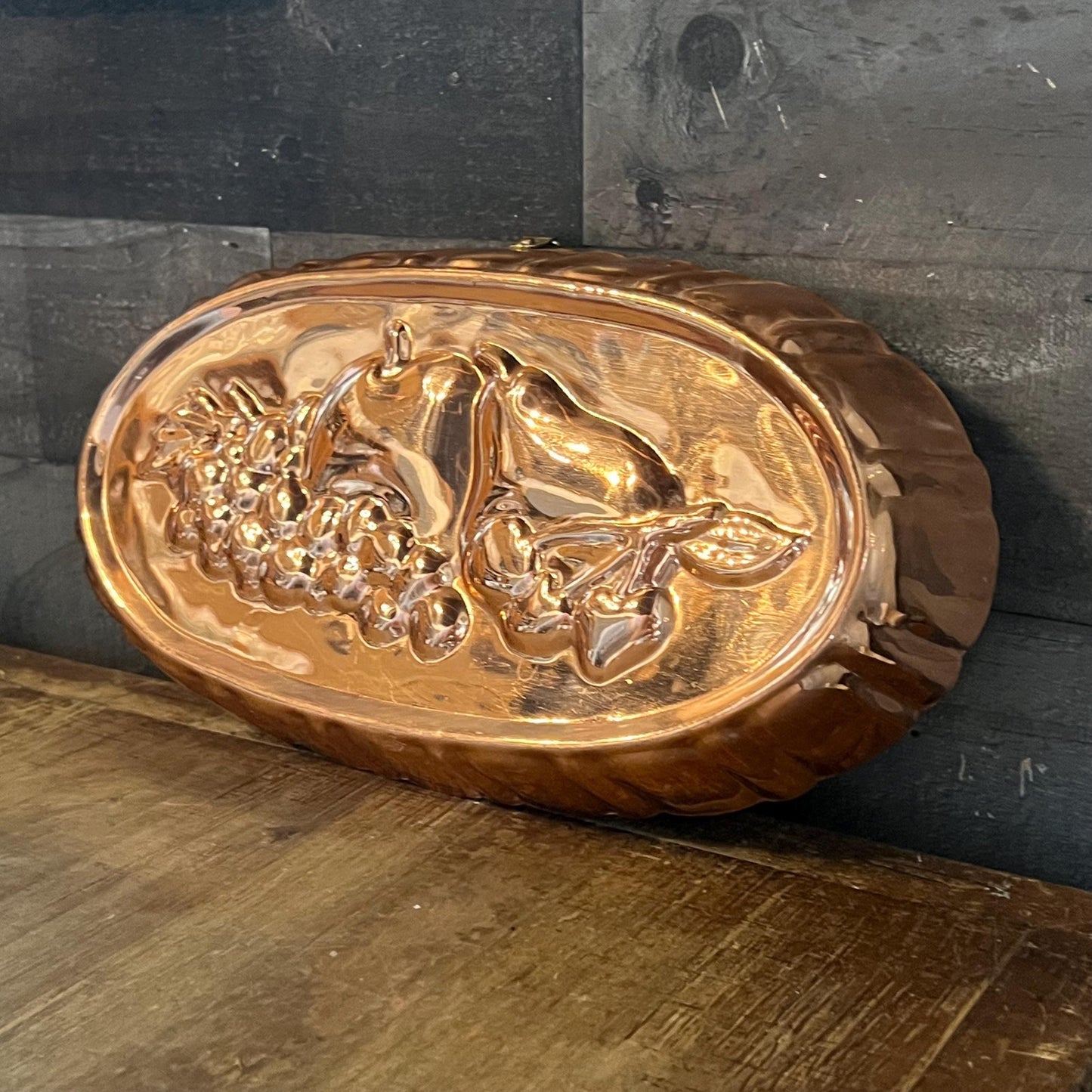 Vintage Copper Oval Scallop Rim Fruit Motif Mold