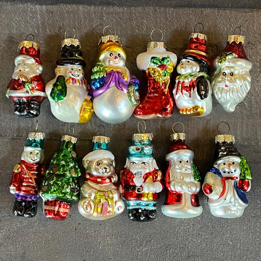 Vintage Glass Blown Colorful Christmas Ornaments Assortment - Nutcracker, Santa, Snowmen, Bear, Christmas Tree, Stocking, Penguin Set of 12