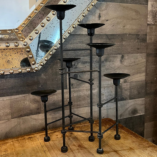 Vintage MCM Brutalist Black Metal Folding Hinged 6 Candlestick Holder Candelabra