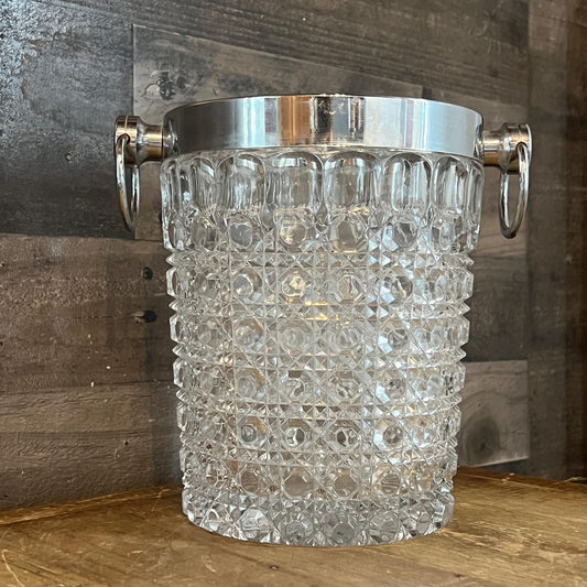 Vintage Crystal Glass Ice Bucket with Silver Tone Rim and Handles - Champagne Cooler - Bottle Chiller