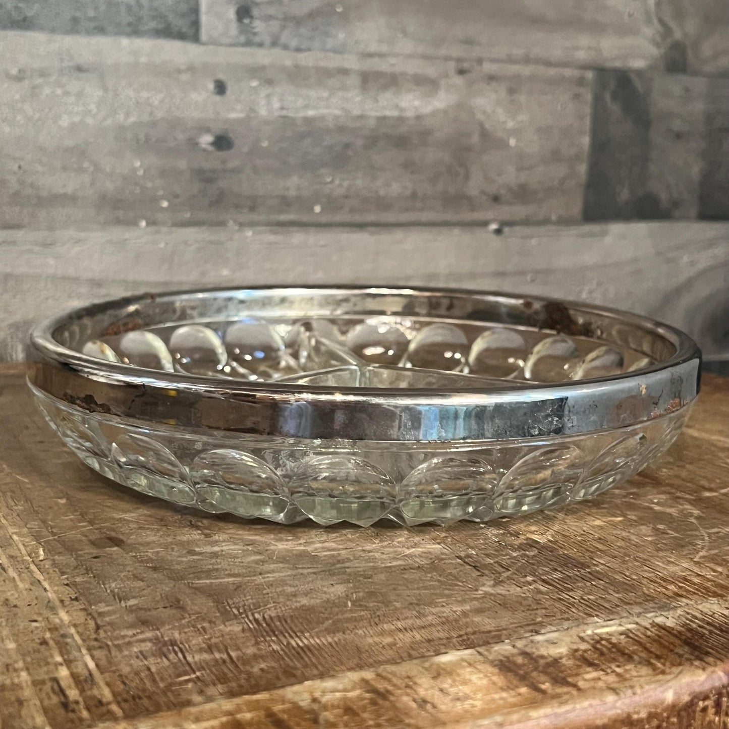 Vintage Crystal 3 Compartment Bowl with Silverplated Rim - Jewelry Dish - Candy Dish - Nut Dish - Berry Server - Key Bowl - Purse Bowl