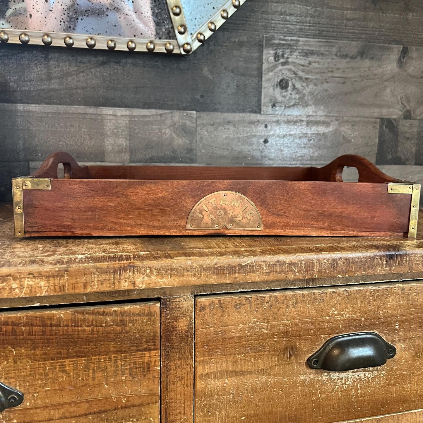 Vintage Wooden Rectangular Handled Copper and Brass Accent Titanic 1912 Coffee Table Tray - Serving Tray - Bar Tray