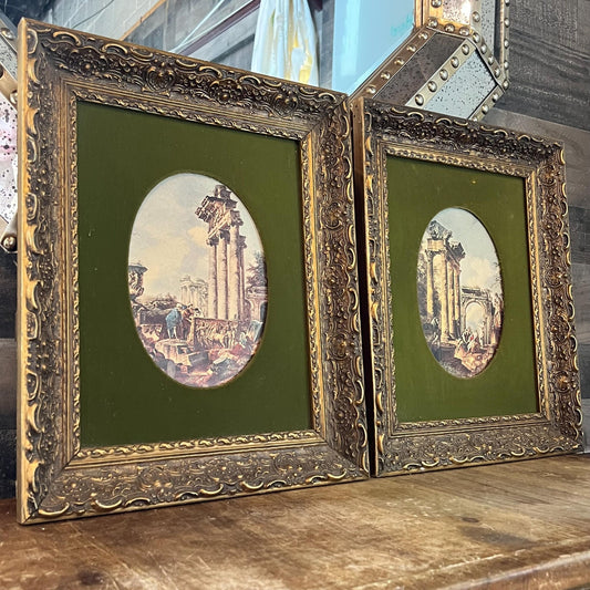 Pair of Oval Roman Ruins Scenes with Green Fabric and Vintage Wooden Frames