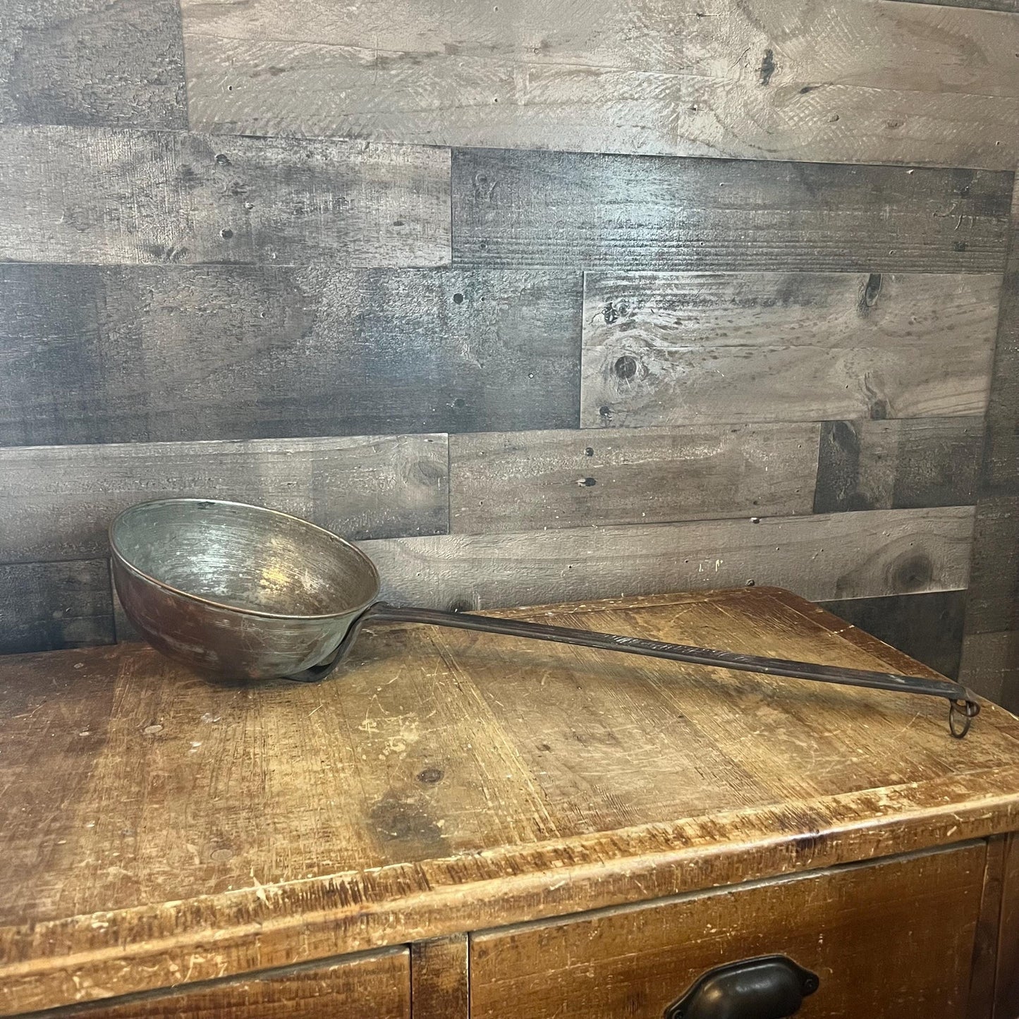 Antique Copper on Tin Ladle with Long Iron Handle