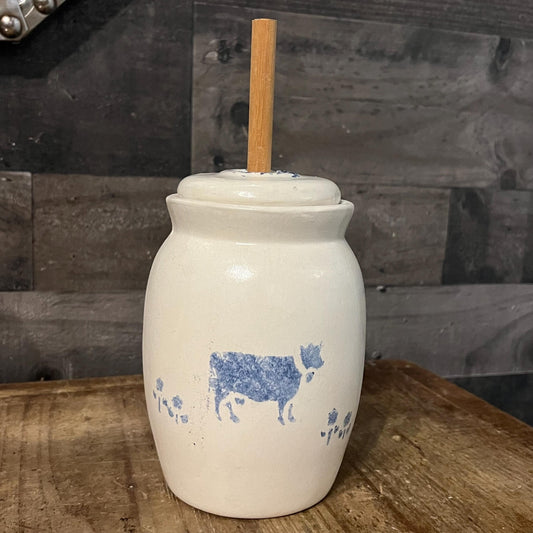 Vintage White and Blue Pottery Cow Butter Churn