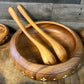 Vintage Wooden Serving Bowls with Ivory Color Diamond Shape Inlay - 1 Large bowl, 8 Small Bowls, Serving Spoon and Fork
