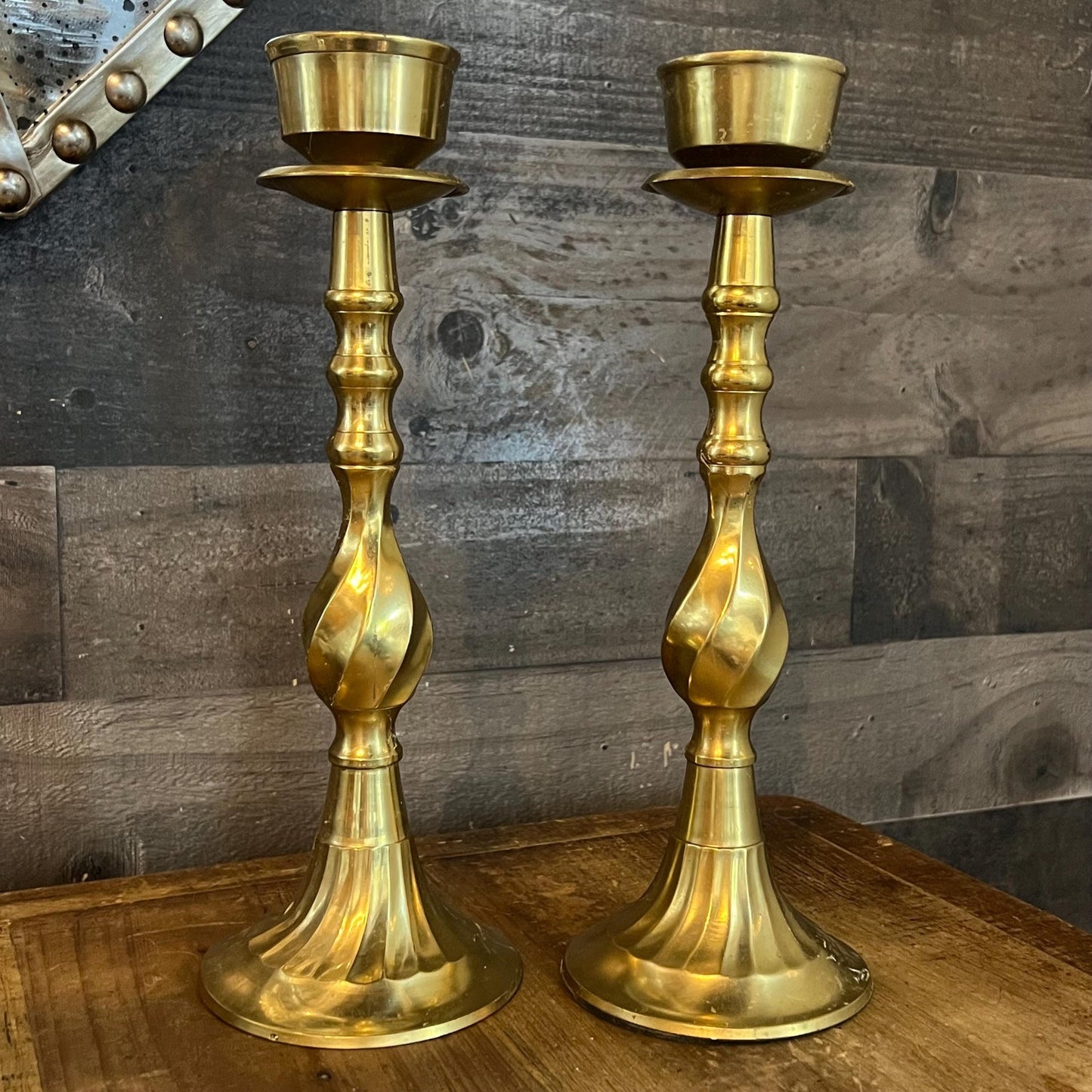 Vintage Brass Swirl Tall Candlestick Holders - Pair