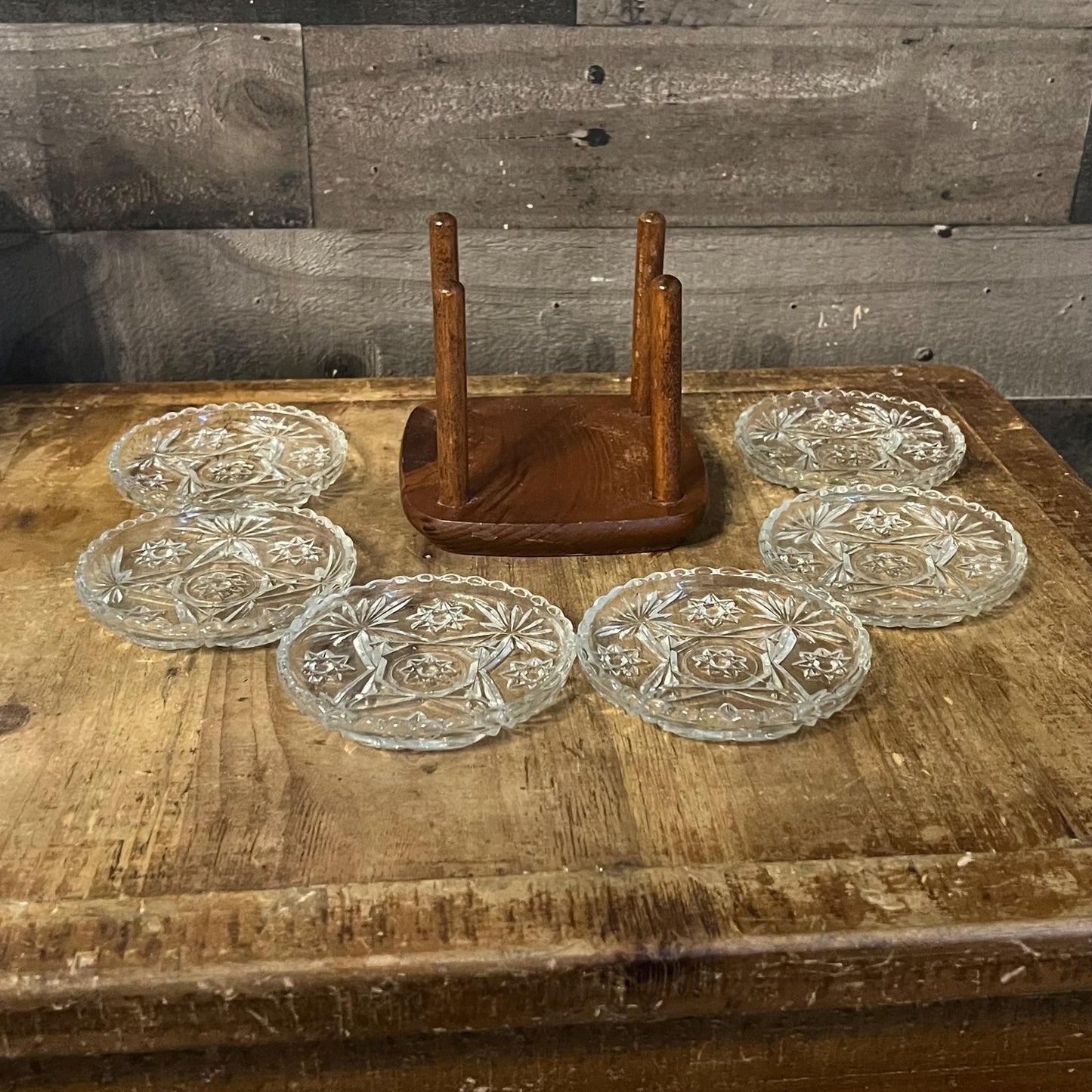 Vintage Set of 6 Crystal Coasters with Wooden Holder