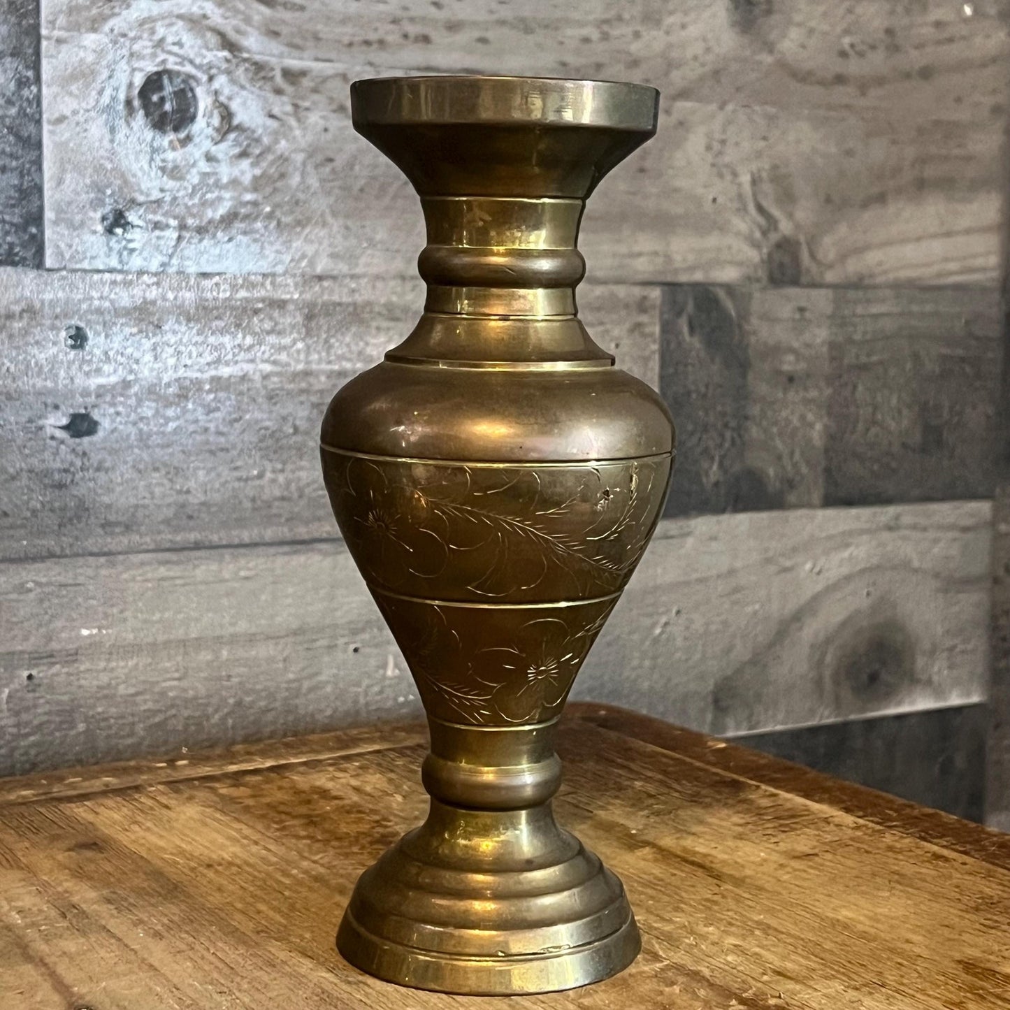 Vintage Brass Floral Etched Vase