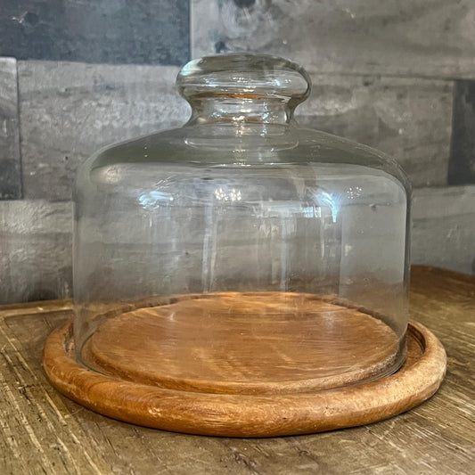 Vintage Round Dolphin Teakwood Cheese Board and Glass Dome