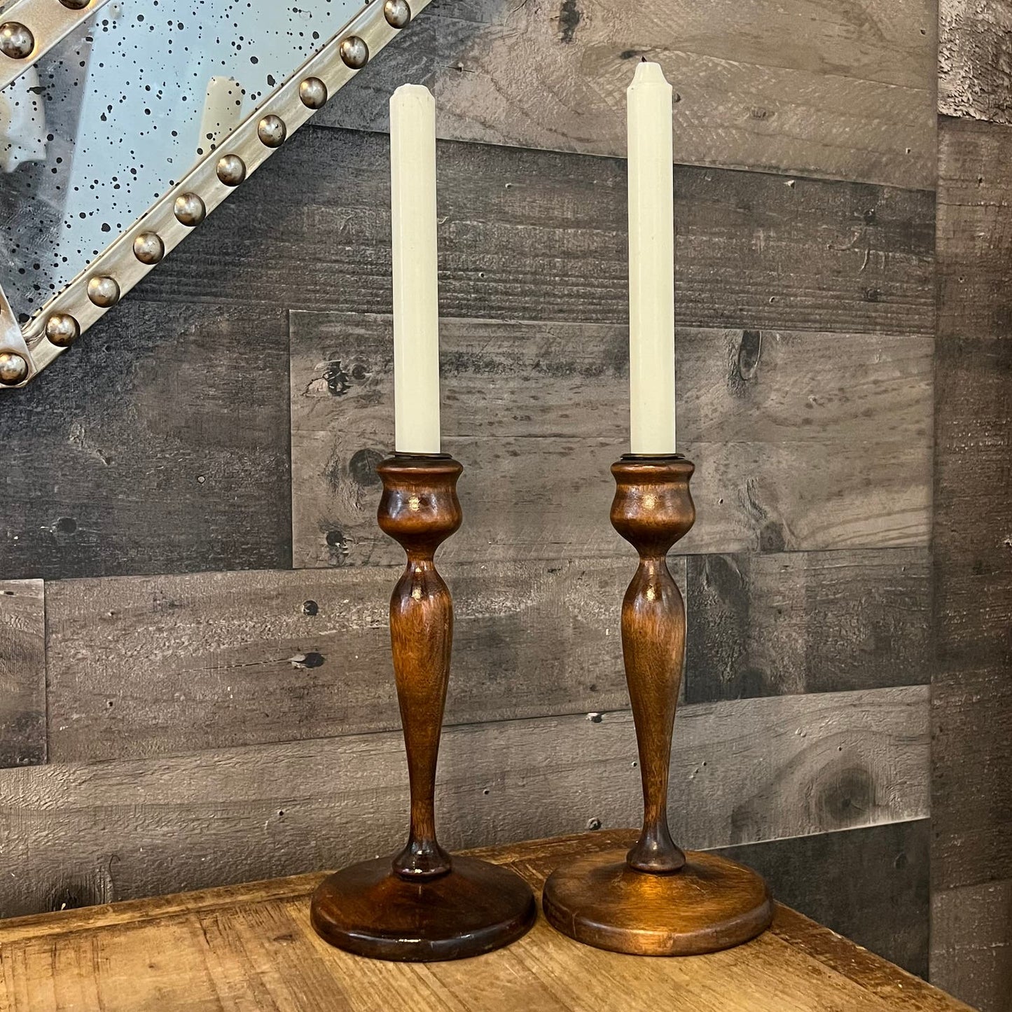 Vintage Pair of Wooden Candlestick Holders