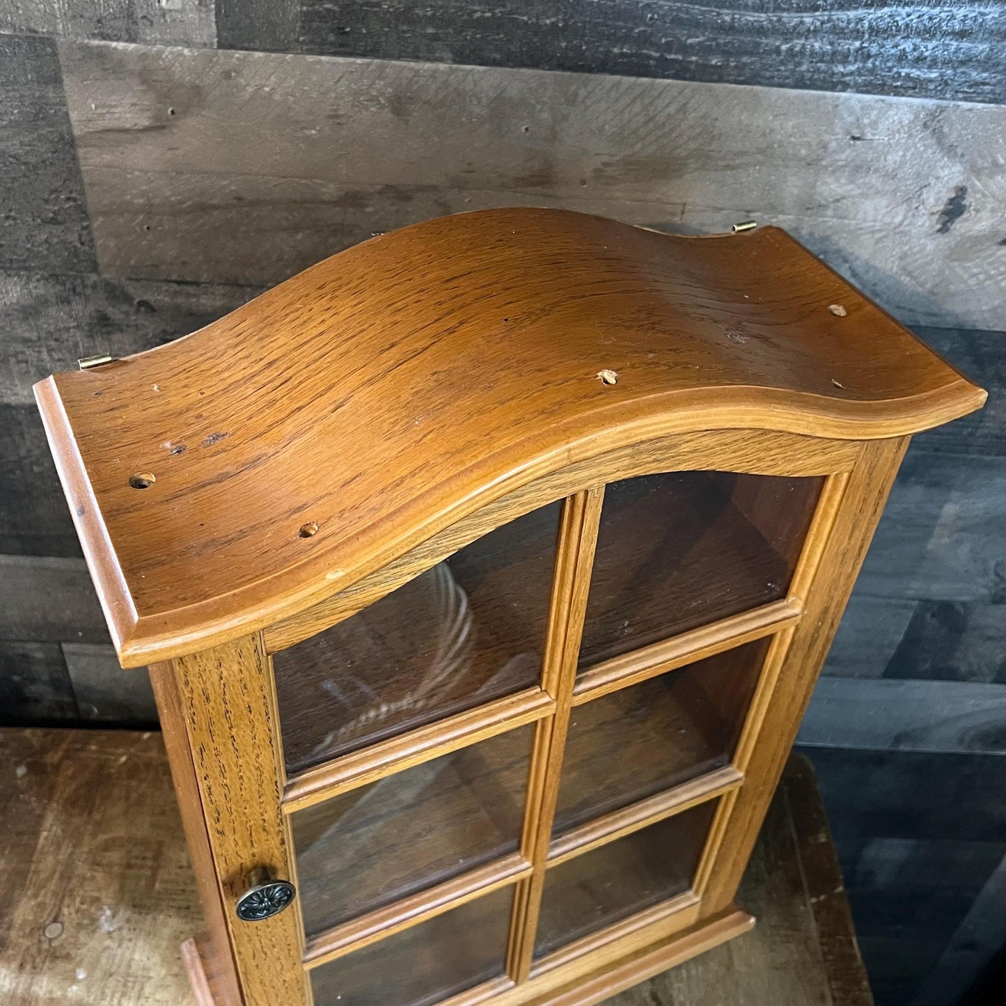 Small Vintage Wooden Wall Hanging Mirrored Back Curio Cabinet - Tabletop Curio - Countertop Curio