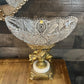 Vintage Thick Cut Crystal Oval Bowl with Gold Tone Brass Cherub Angel Pedestal and Marble Footed Base
