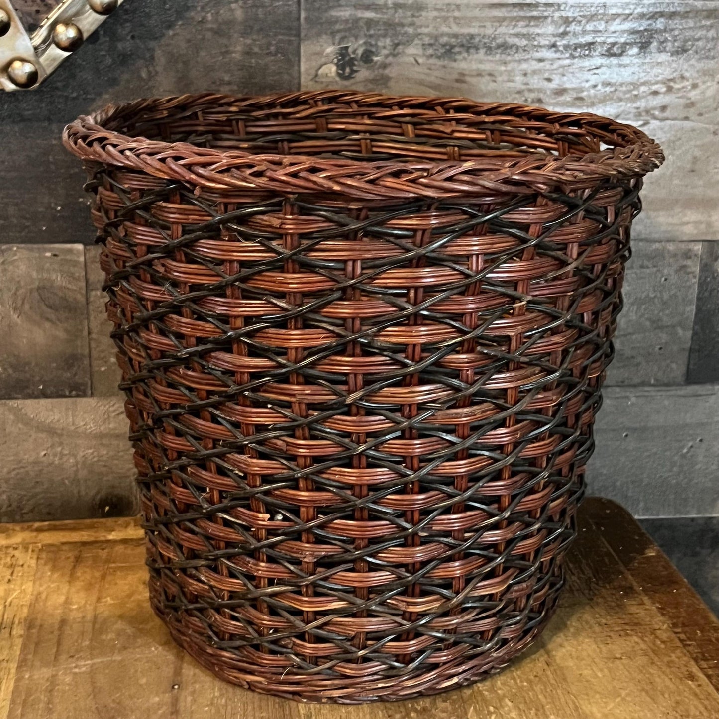 Vintage Brown and Black Woven Wicker Basket