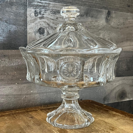 Vintage Fostoria Coin Glass Clear Large Compote Pedestal Lidded Bowl