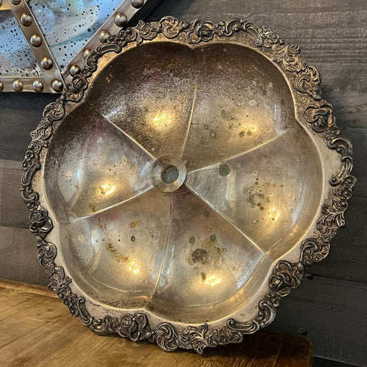 Vintage Silverplated Scallop Rim Large Lazy Susan Bowl with Candlestick Holder Center