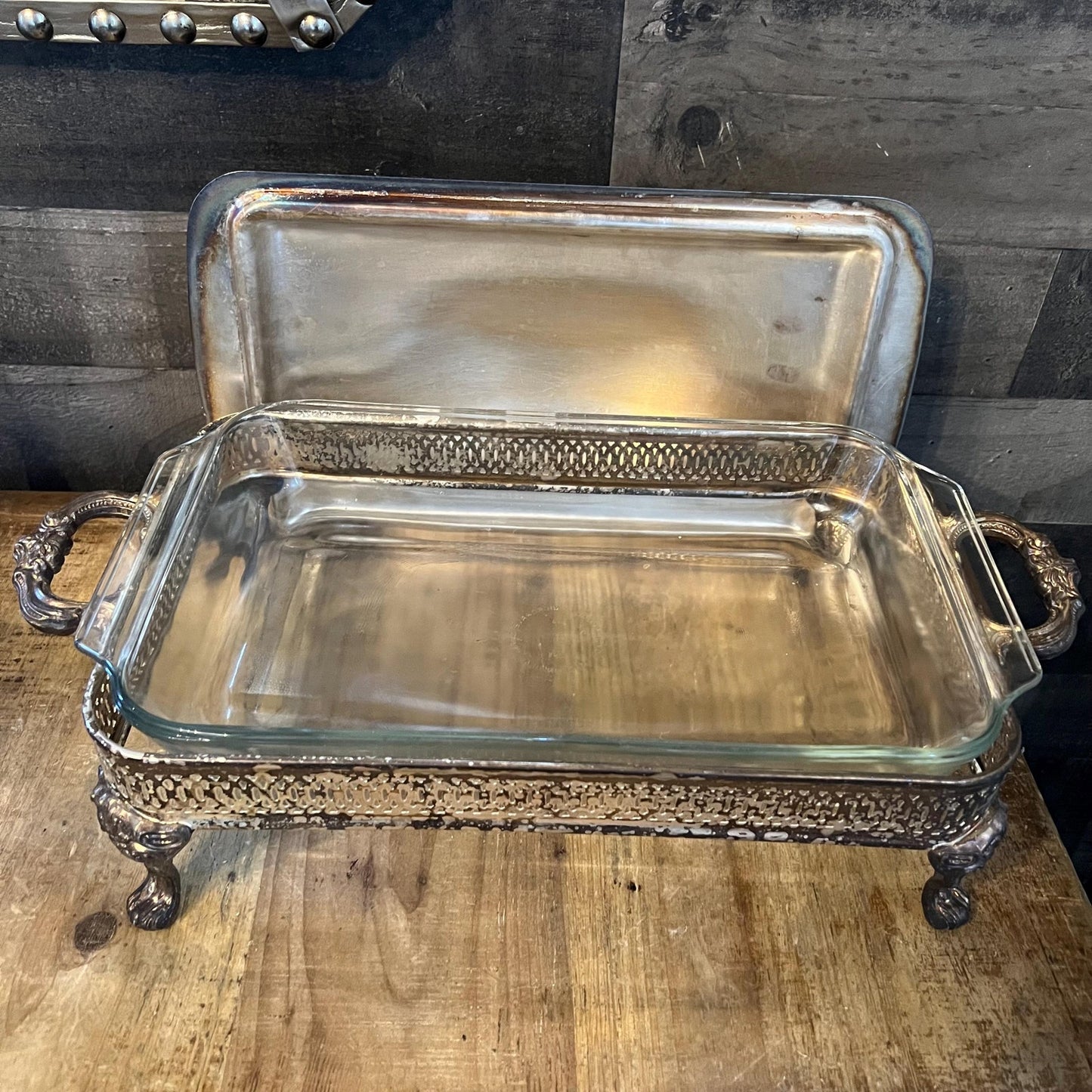 Vintage Silverplated Rectangular Footed Lidded Casserole Dish Holder with Anchor Hocking Clear Glass Casserole Dish