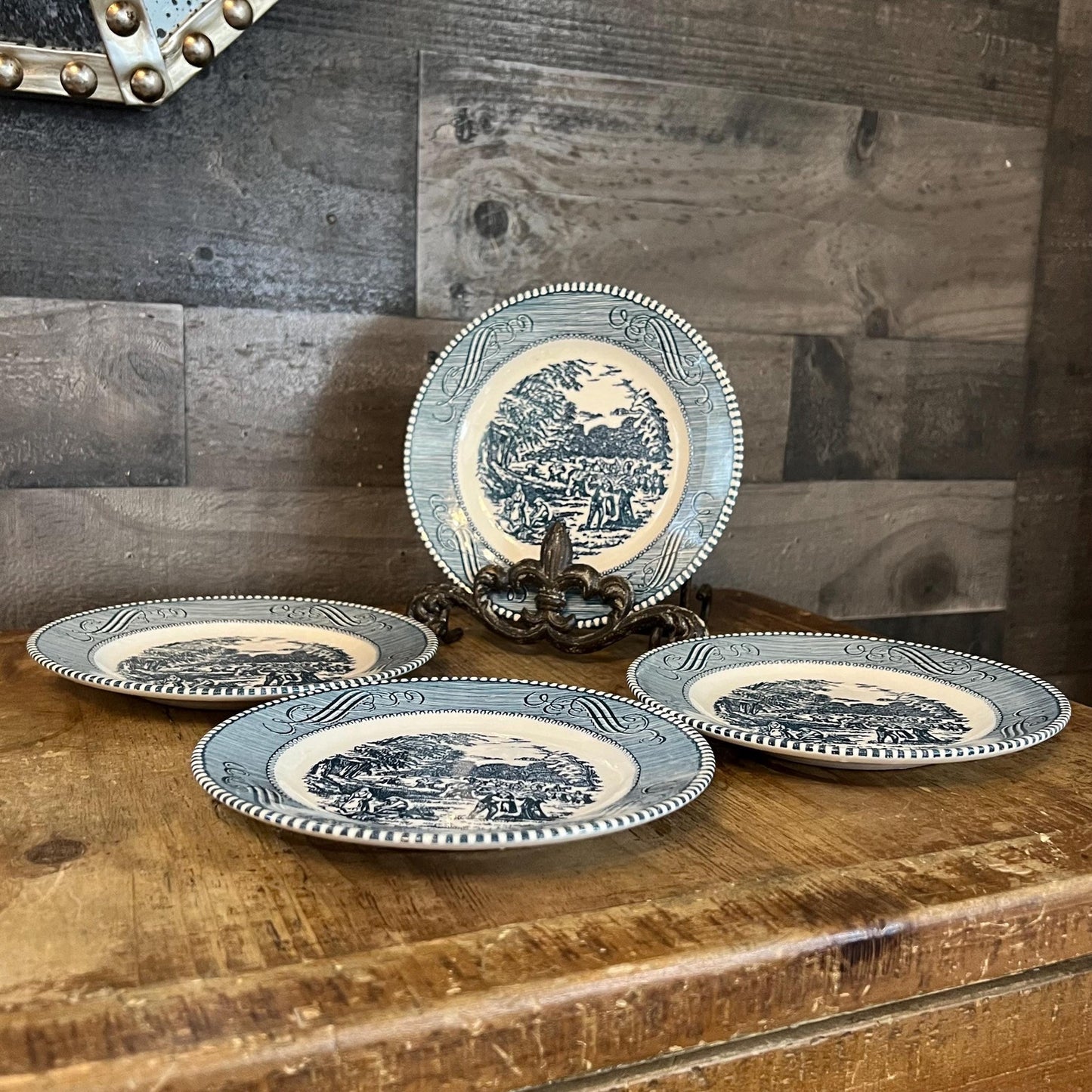 Vintage Royal China USA Currier and Ives Blue Bread and Butter Small Plates - Set of 4