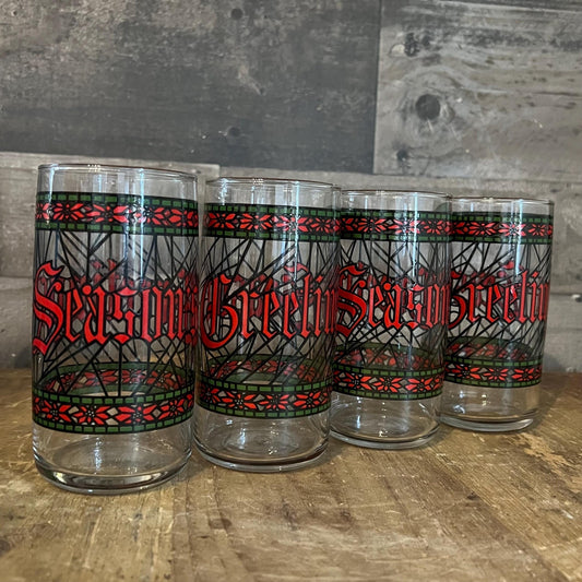 Houze Glass Company Seasons Greetings Tall Juice Glasses - Christmas Holiday Glassware - Set of 4