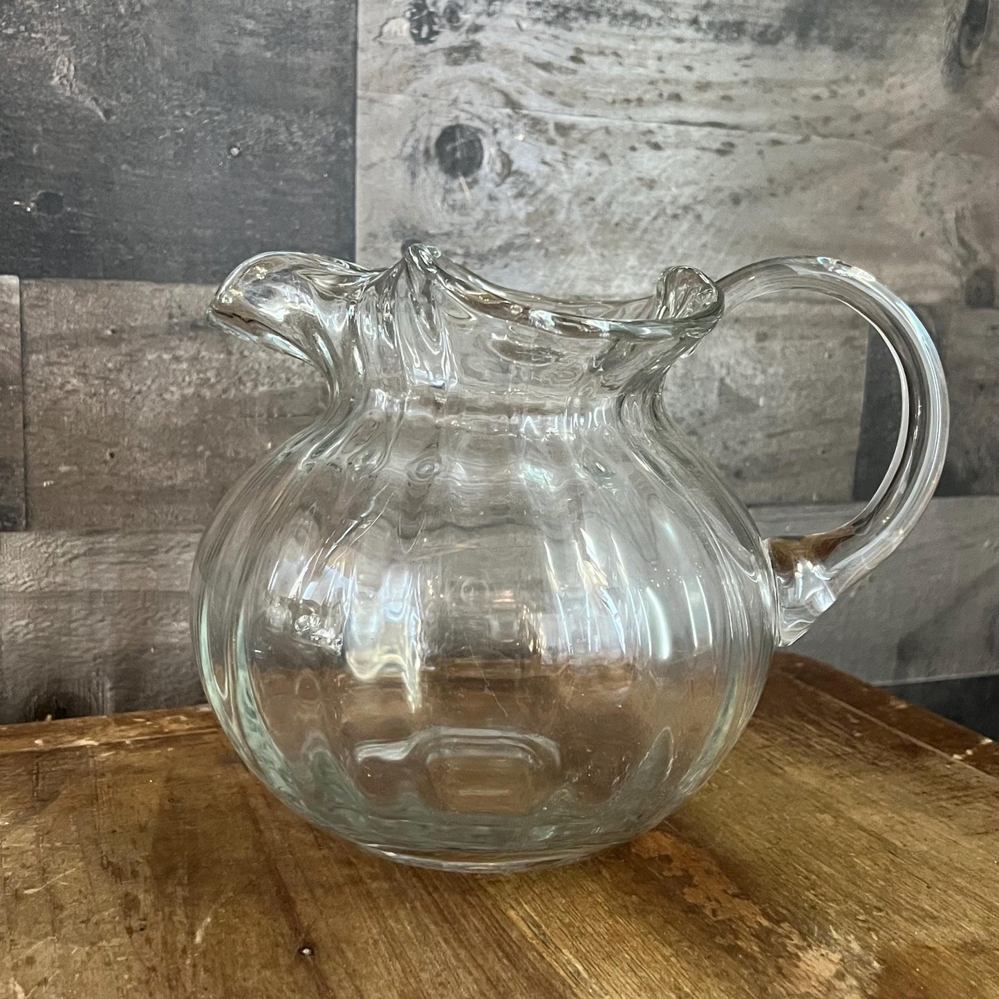 Clear Glass Ribbed Bubble Handled Pitcher