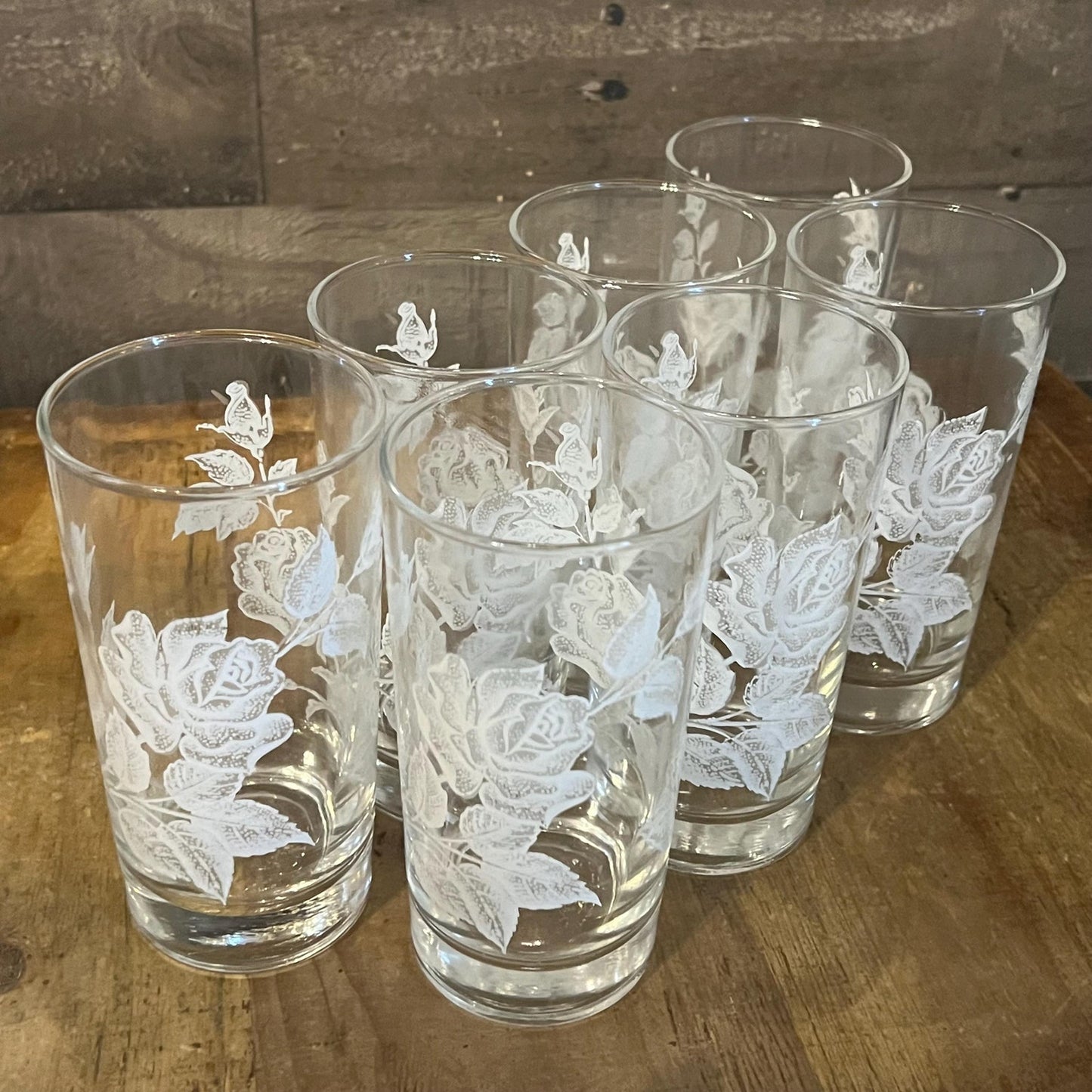 Vintage Libbey White Rose and Leaves Pattern Highball Glasses - Set of 7