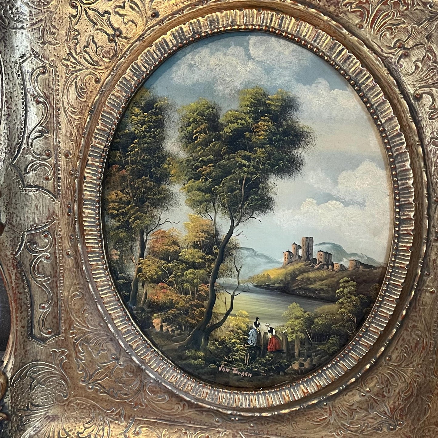 Otto Van Thoren Oil Painting in Gold Gilt Frame with Oval Opening
