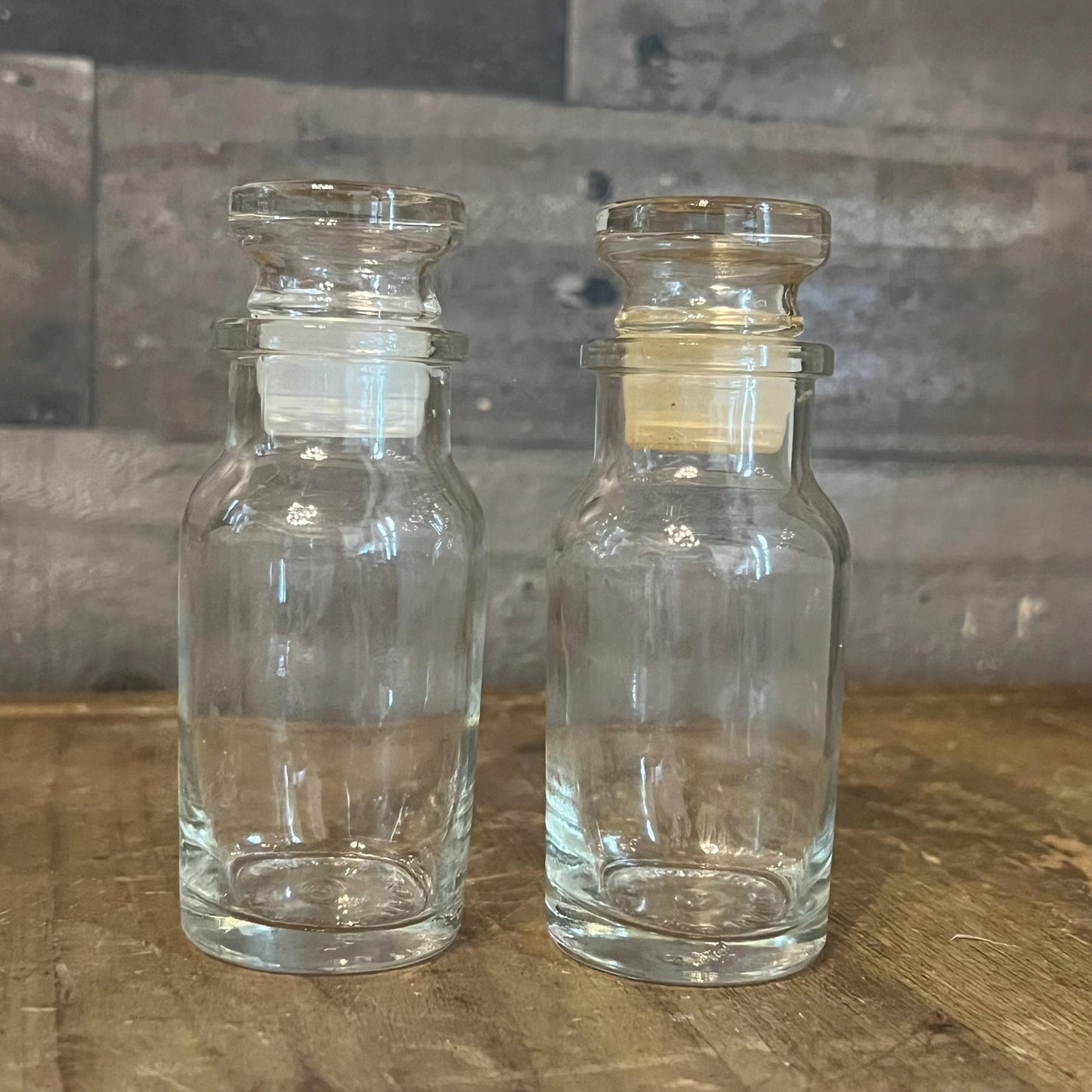 Pair of Vintage Small Clear Glass Lidded Apothecary Bottles - Spice Bottles - Pill Bottles