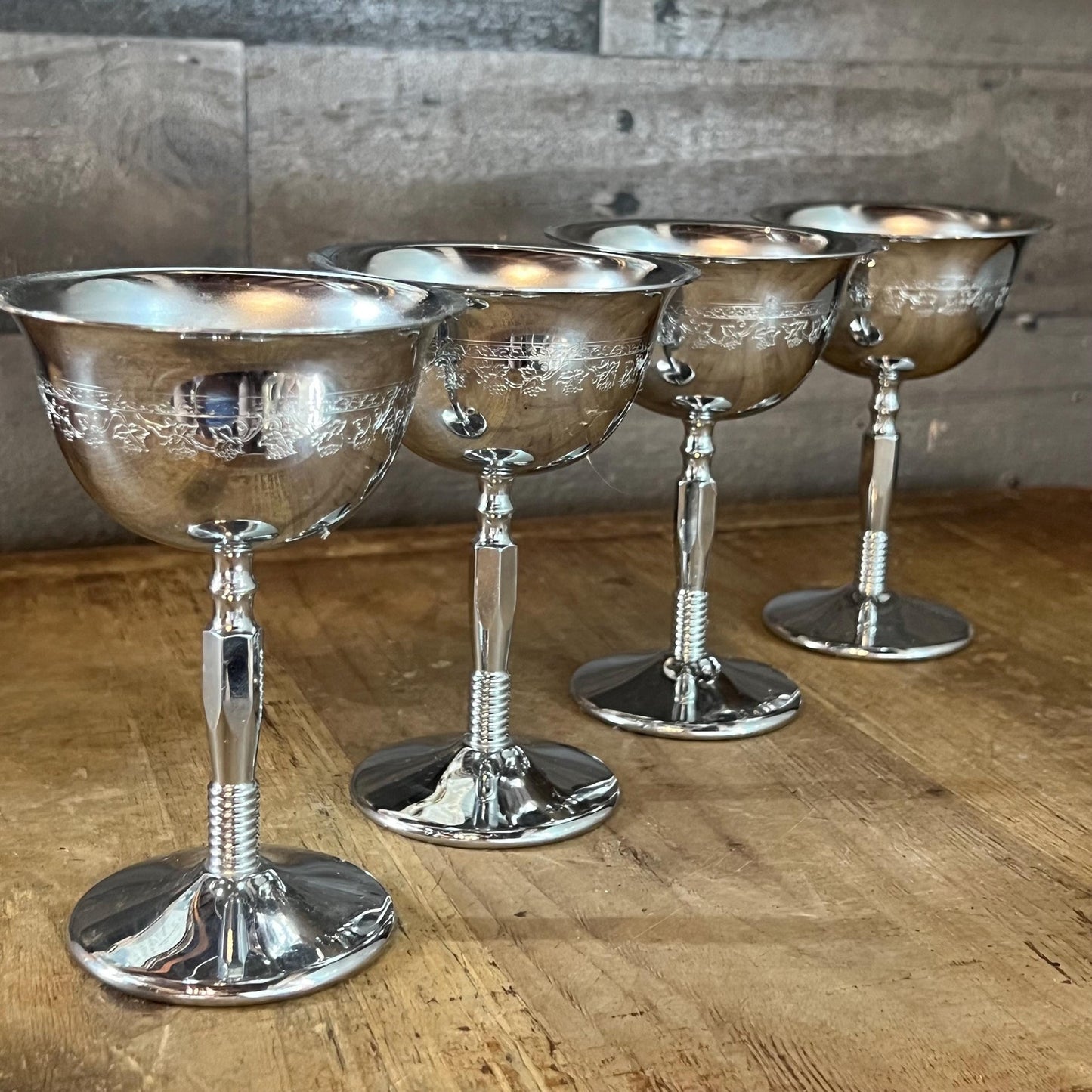 Vintage Set of 4 Art Deco Grapevine Etched Chrome Cocktail Coupes - Cocktail Glasses - Wine Glasses - Goblets - Long Stem Glasses