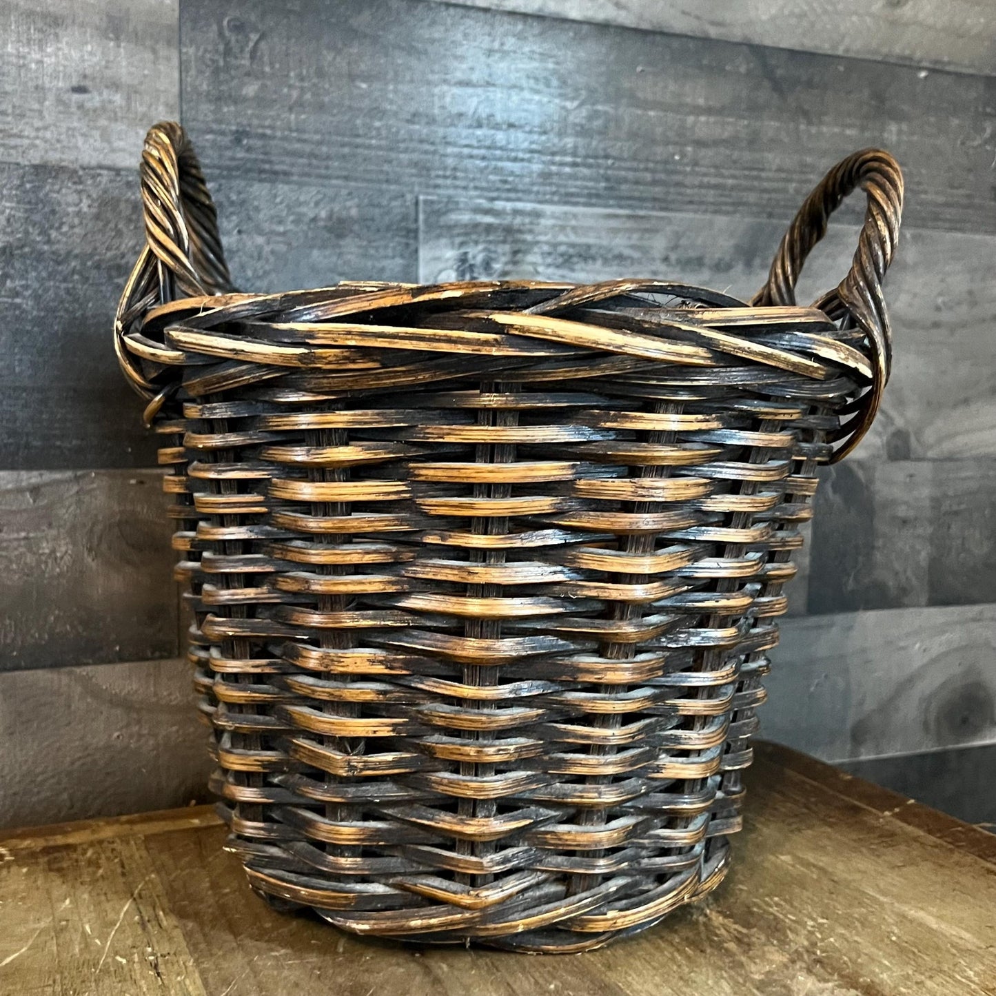 Brown Woven Wicker Round Handled Basket
