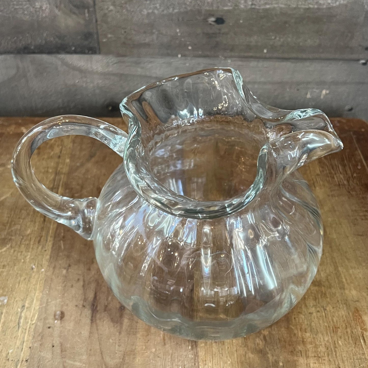 Clear Glass Ribbed Bubble Handled Pitcher
