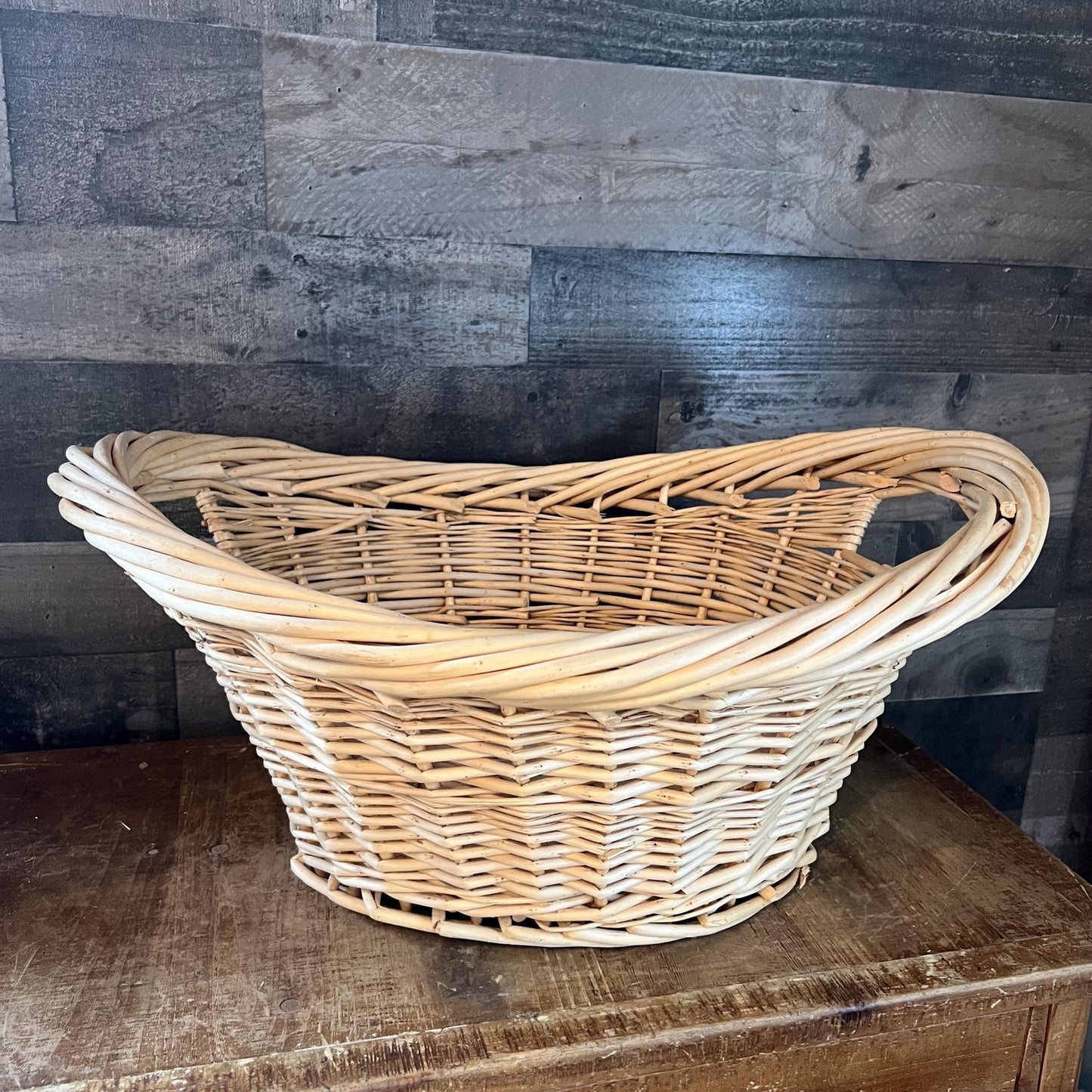Vintage Woven Wicker Oval Handled Basket - Laundry Basket - Blanket Storage