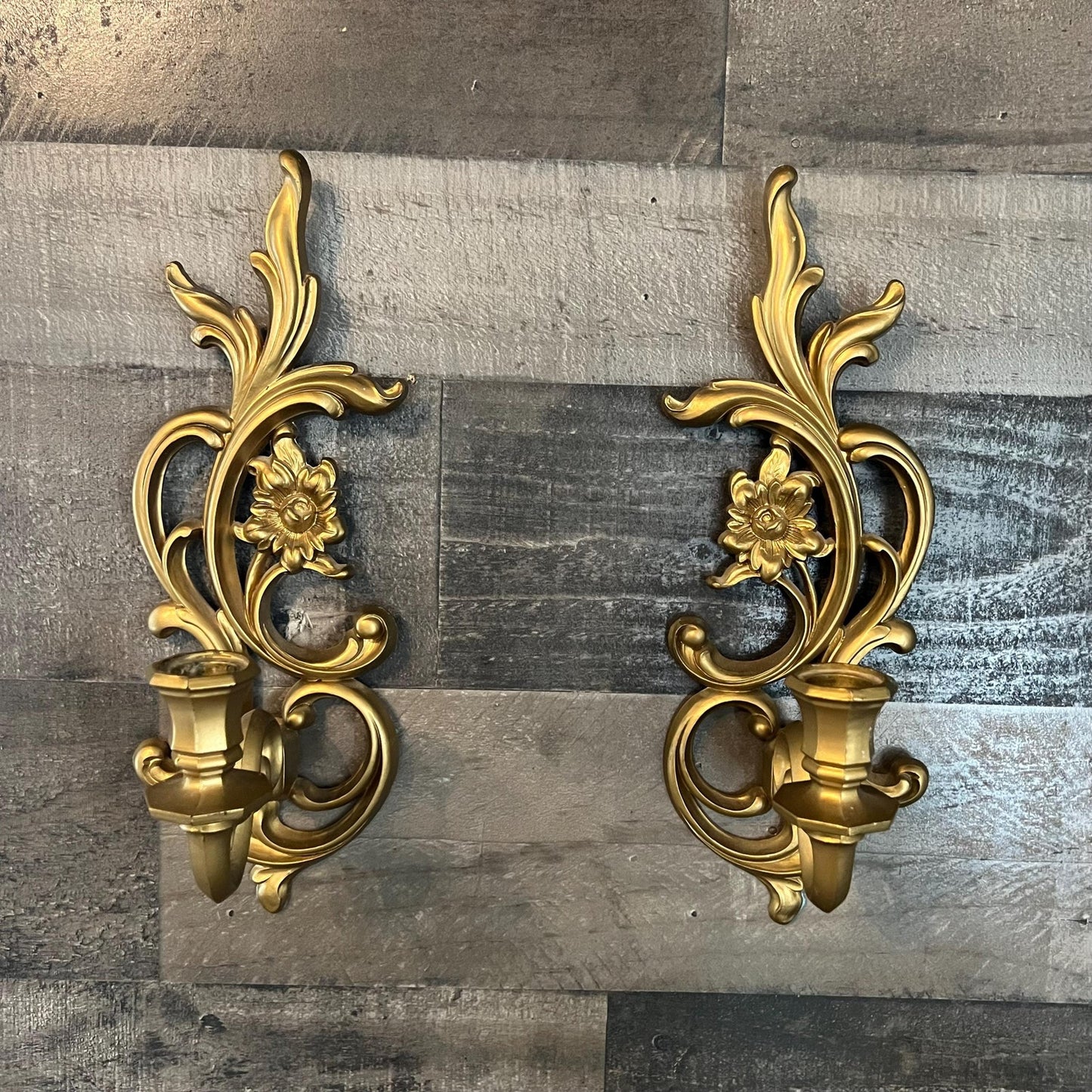 Vintage Syroco Floral Gold Tone Candlestick Holders Wall Sconces - Pair