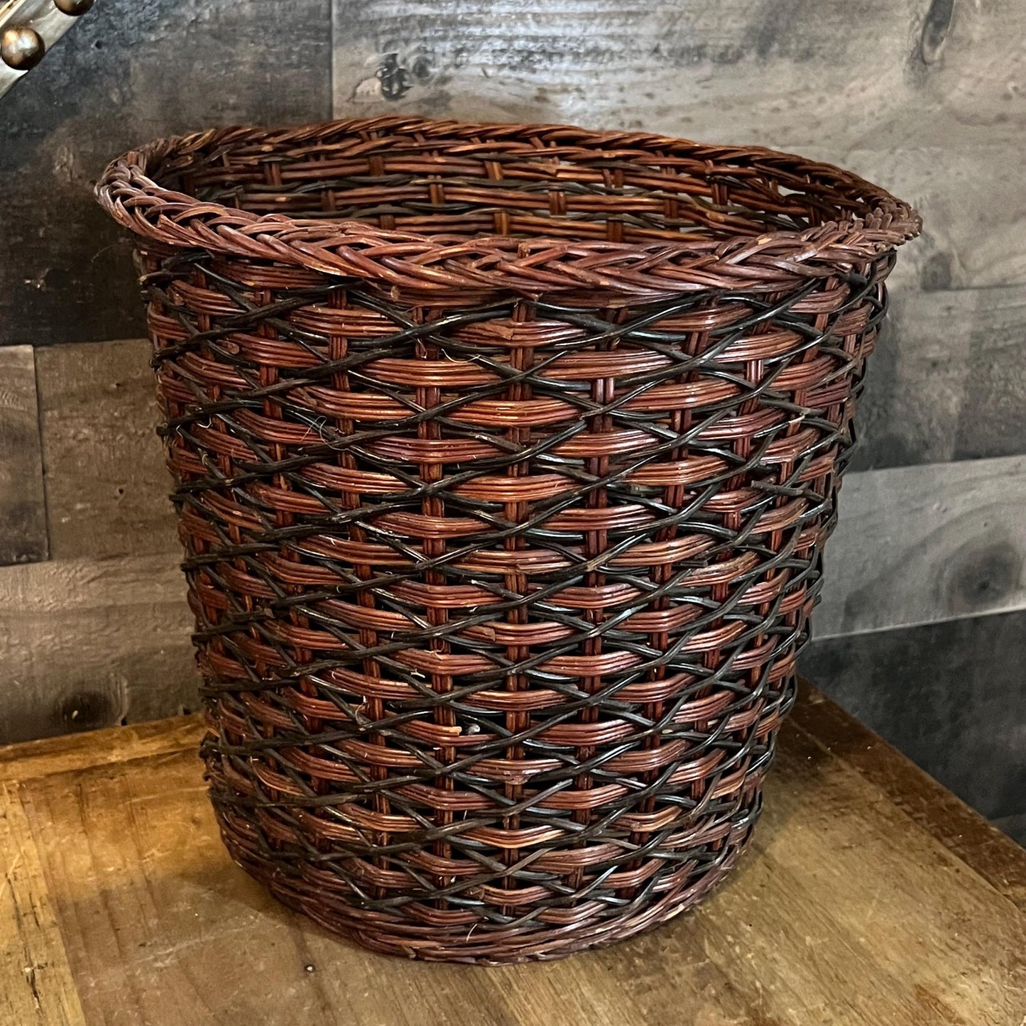 Vintage Brown and Black Woven Wicker Basket