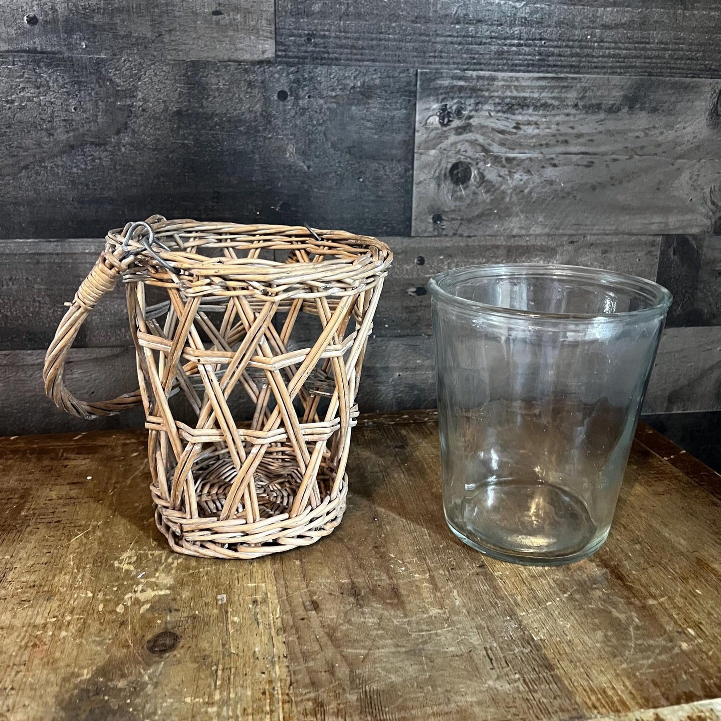 Wicker Rattan Handled Basket Clear Glass Vase
