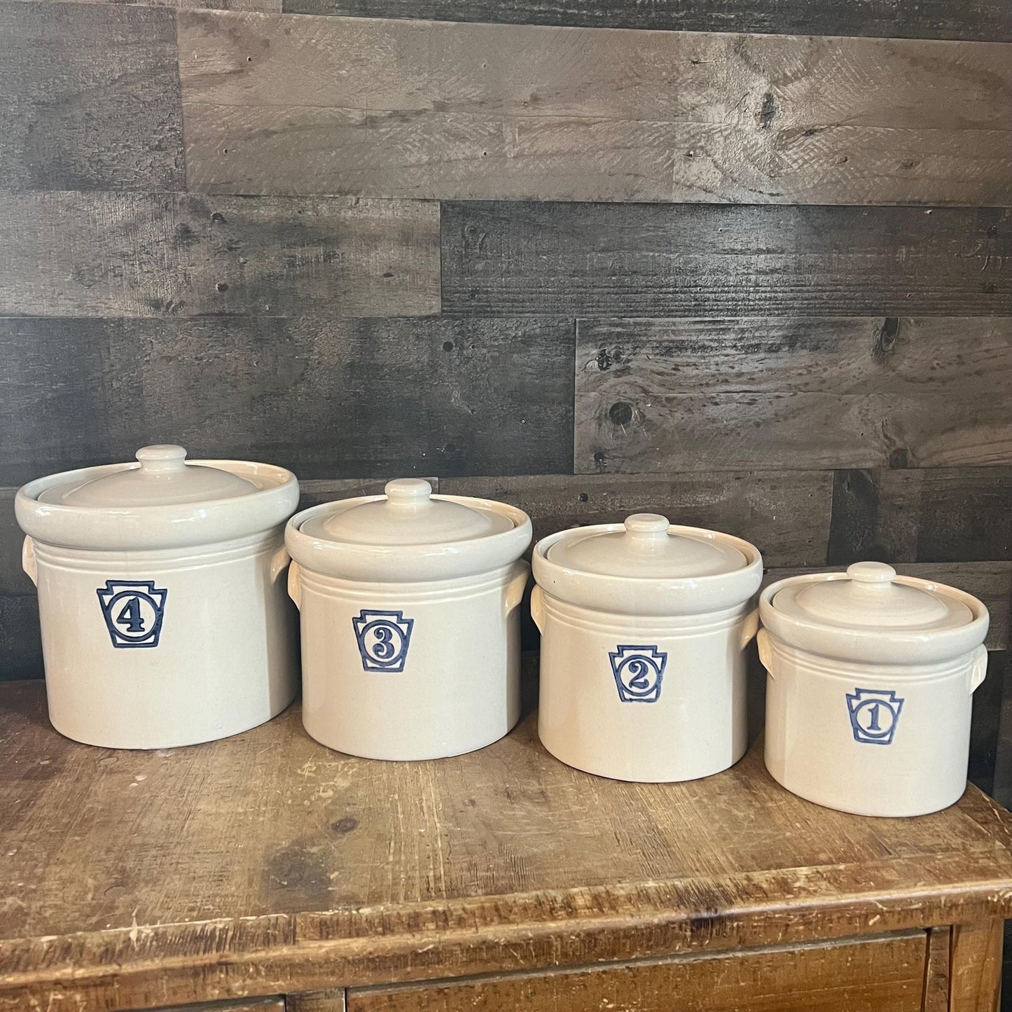 Vintage Pfaltzgraff Yorktowne Stoneware Lidded Canister Set Numbered in Blue 1, 2, 3, 4 - Set Of 4 - Made In USA - Crock Storage Jar Set