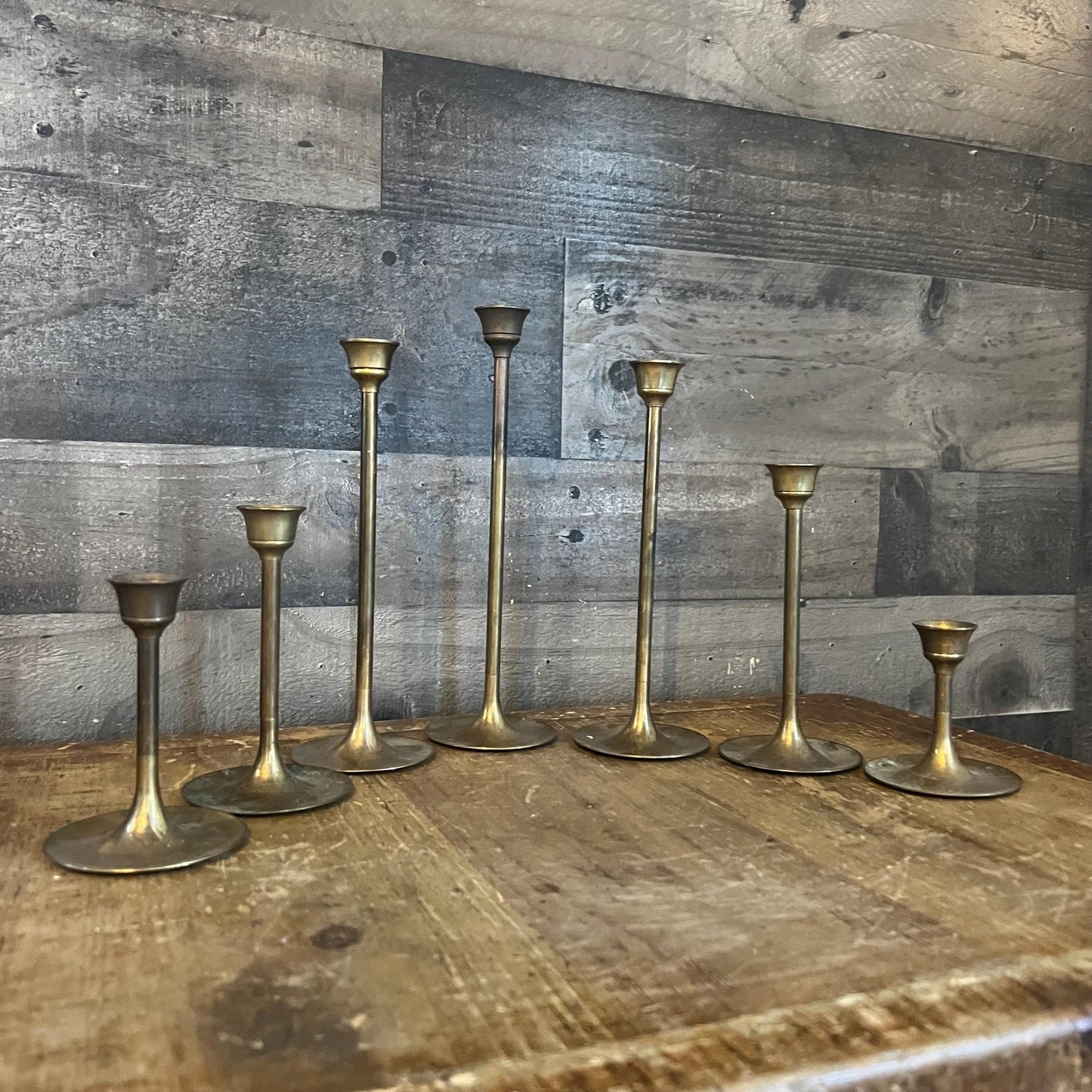Vintage Set of 7 Brass Graduating Tiered Candlestick Holders