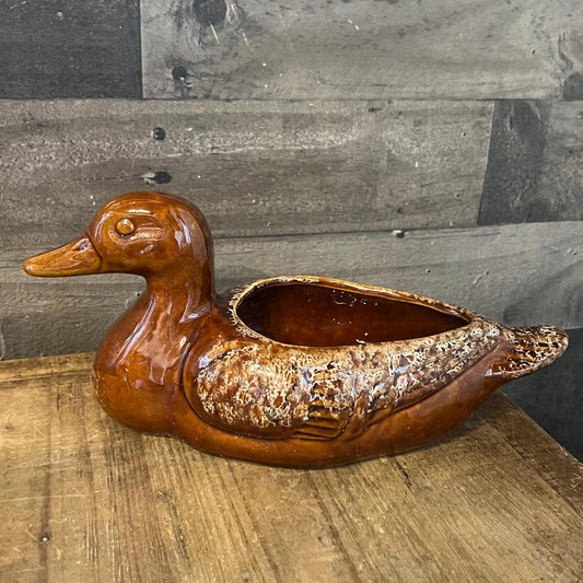 Vintage Stoneware Brown Glaze Duck Pottery Vessel