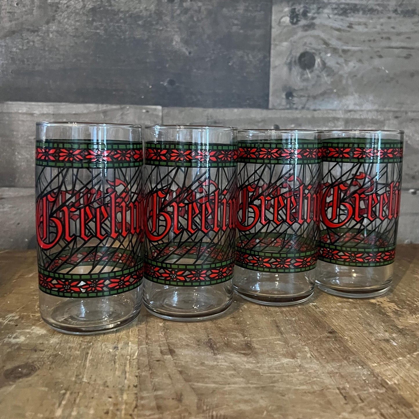 Houze Glass Company Seasons Greetings Tall Juice Glasses - Christmas Holiday Glassware - Set of 4