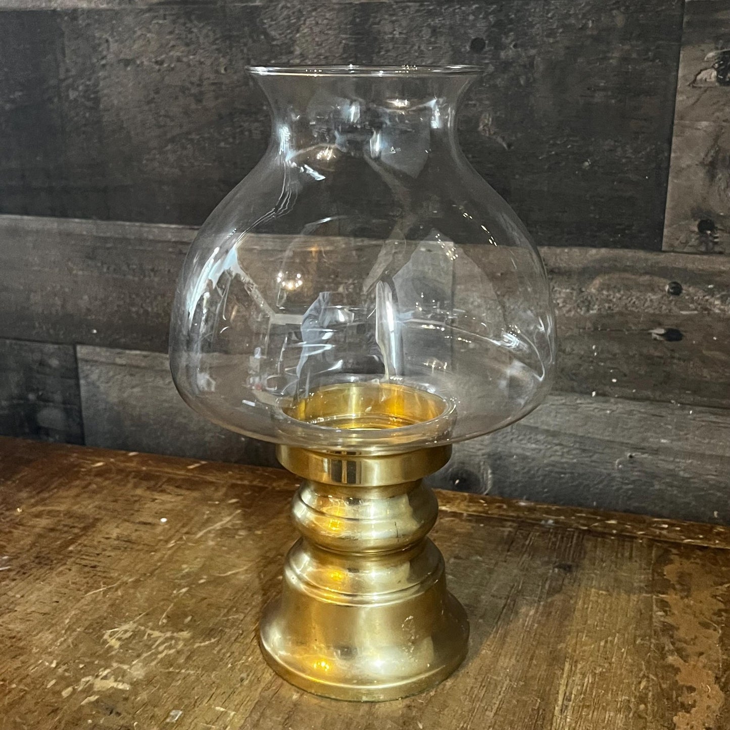 Vintage Brass Candle Holder with Clear Bubbly Glass Hurricane - Candlestick Holder - Pillar Candle Holder