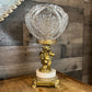 Vintage Thick Cut Crystal Oval Bowl with Gold Tone Brass Cherub Angel Pedestal and Marble Footed Base