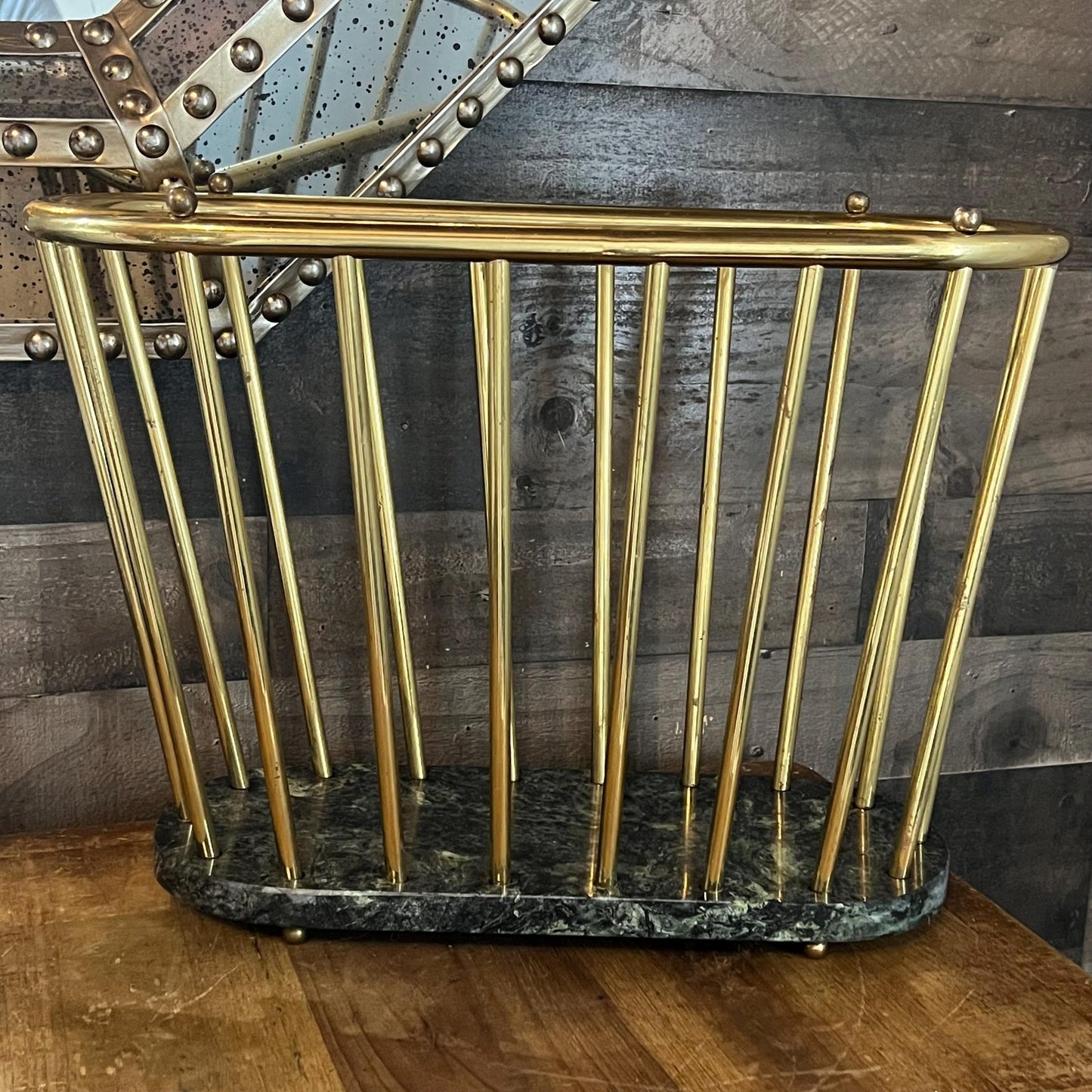 Vintage Green Marble and Brass Spindle Magazine Rack - Book Holder