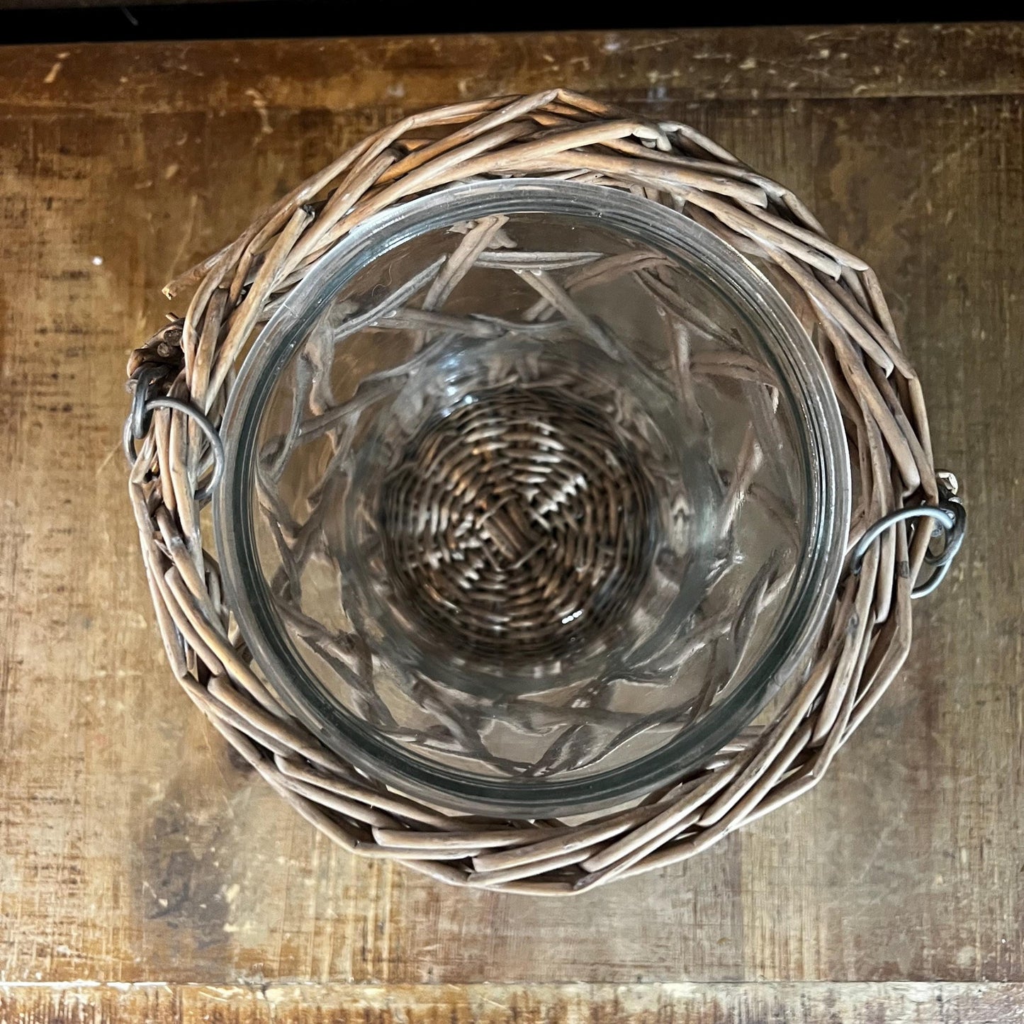 Wicker Rattan Handled Basket Clear Glass Vase