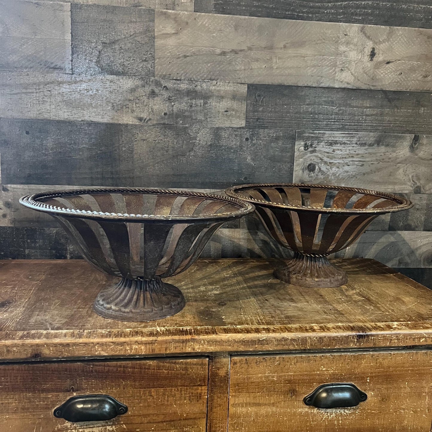 Vintage Rustic Metal Footed Planters - Pair