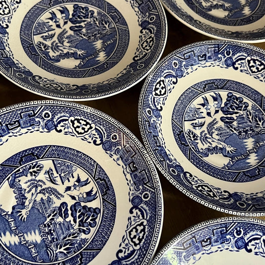 Old Willow English Ironstone by Washington Pottery Straffordshire England Blue and White Small Plates - Set of 7