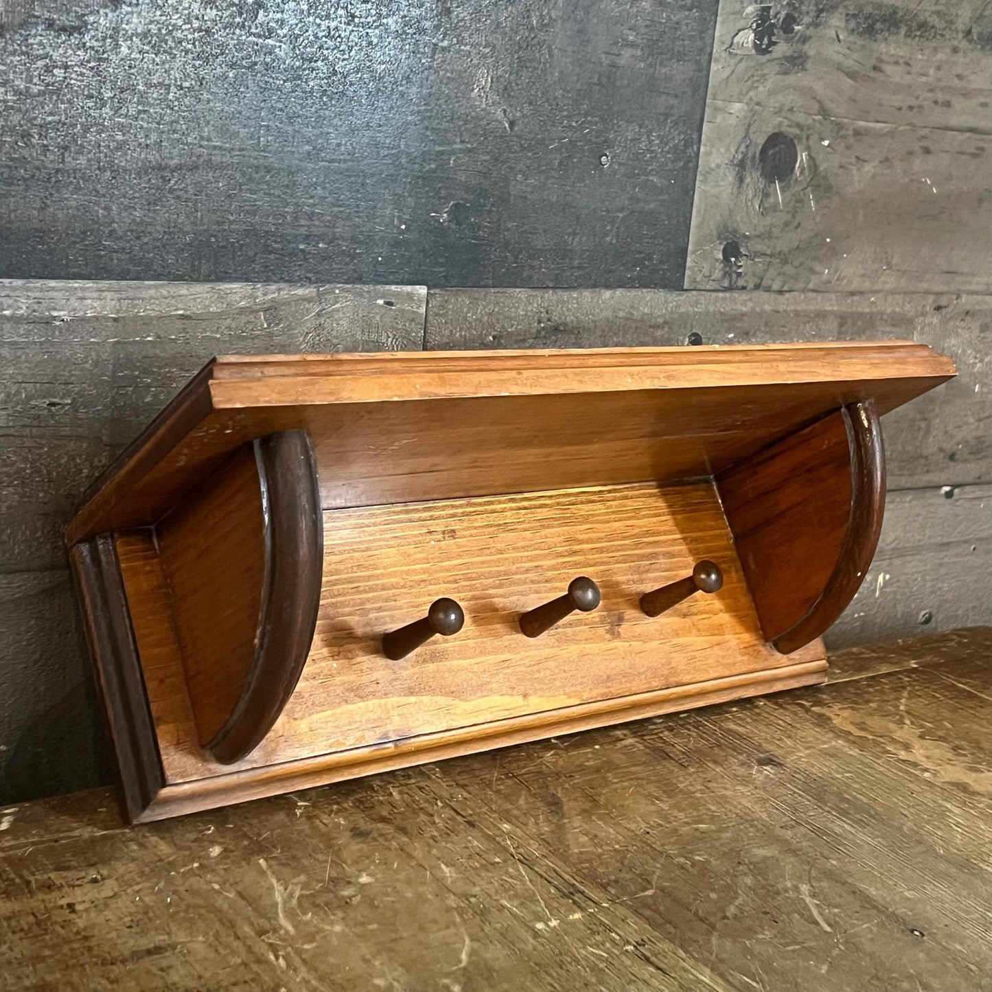 Vintage Wooden 3 Peg Wall Hanging Shelf
